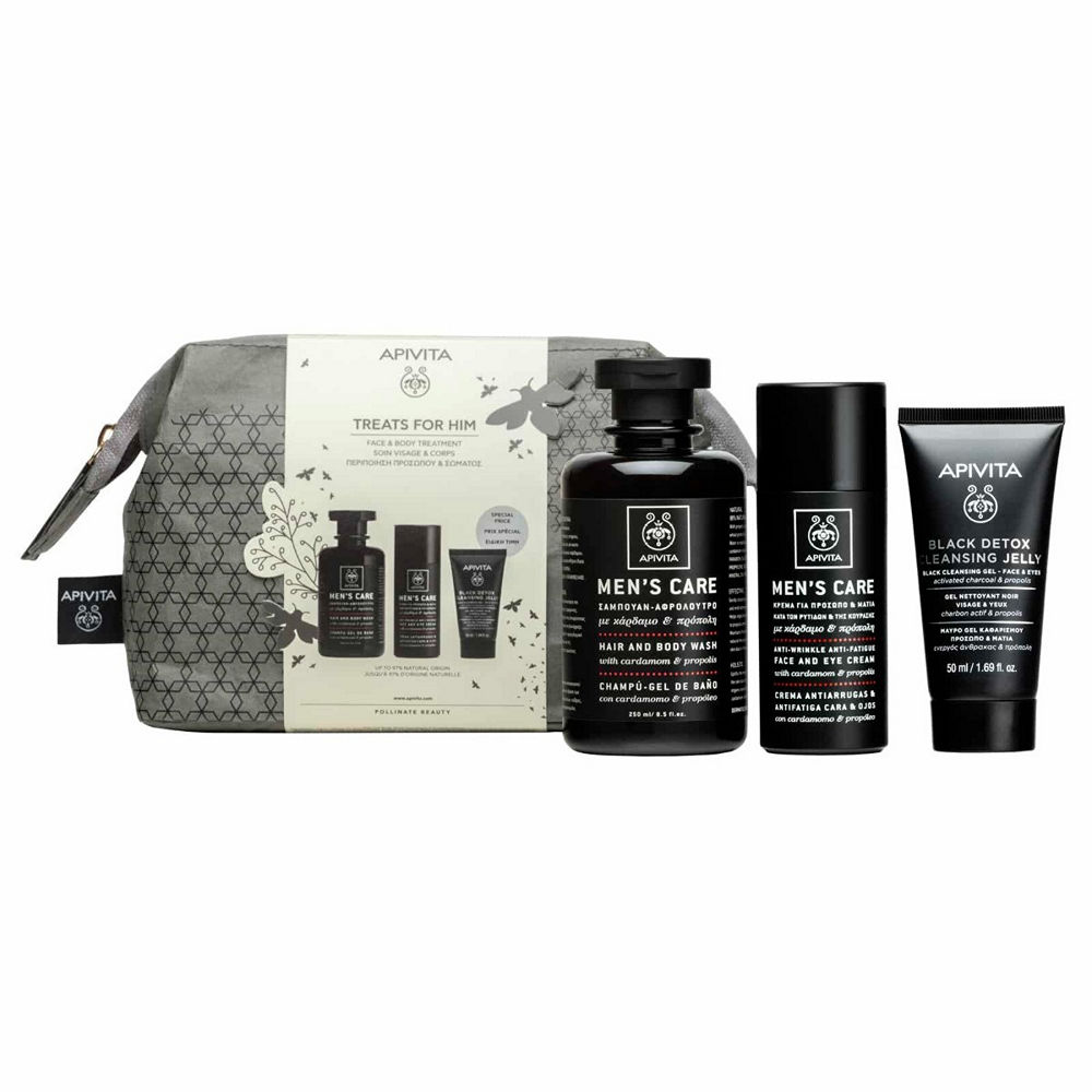Apivita Treats For Him Men's Care Shampoo & Shower Gel 250ml & Face And Eye Cream & Black Detox Cleansing Gel